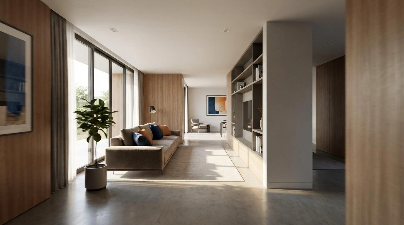 3D walkthrough animation frame showing first-person perspective through modern commercial interior space