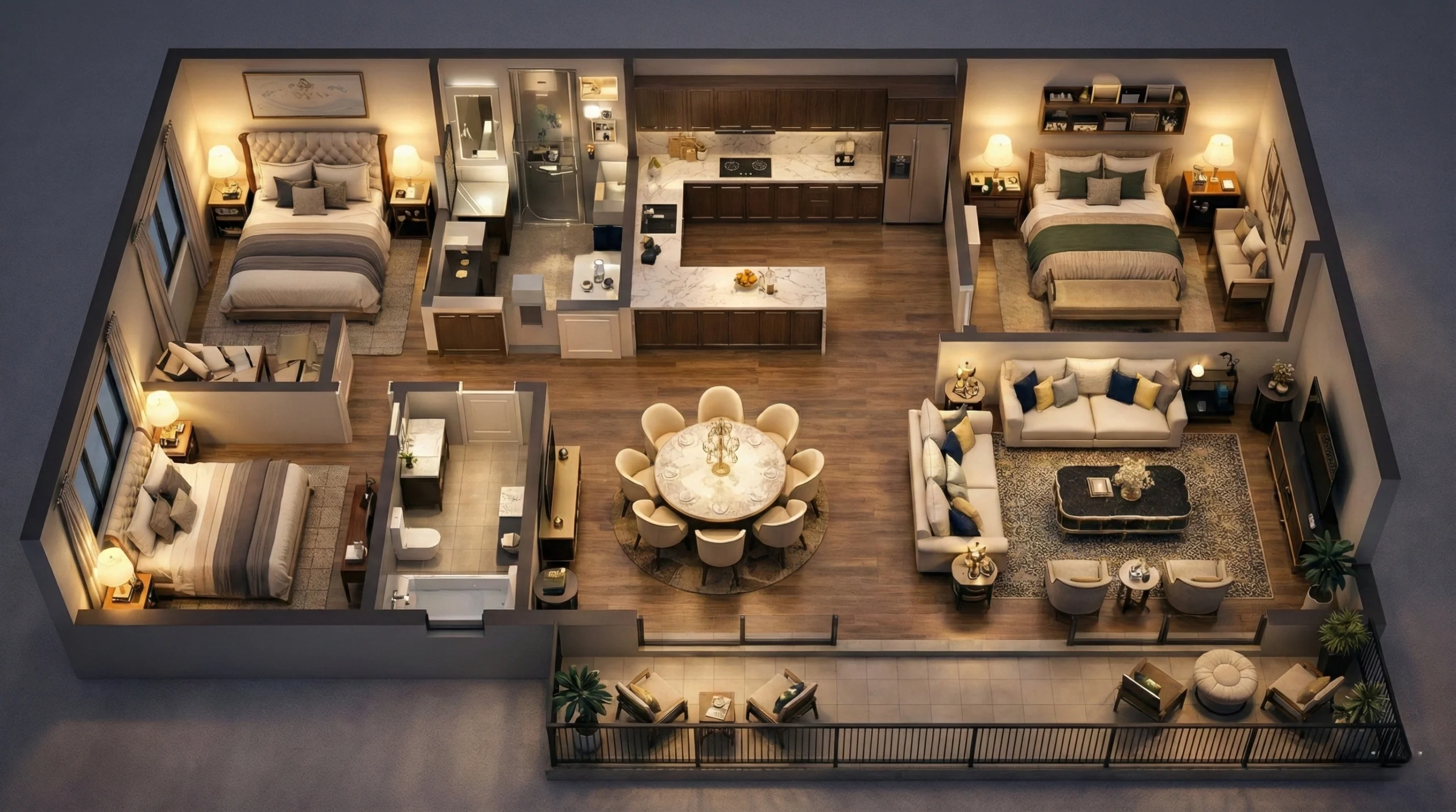 Luxury apartment 3D floor plan with three bedrooms, open kitchen, dining and living areas showcasig 3D visualization services