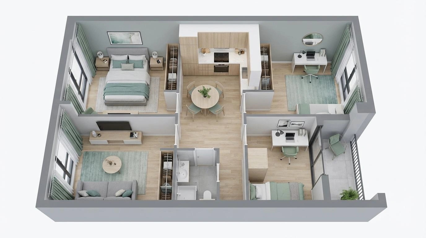 3D floor plan rendering showing furniture layout and room arrangement from top view