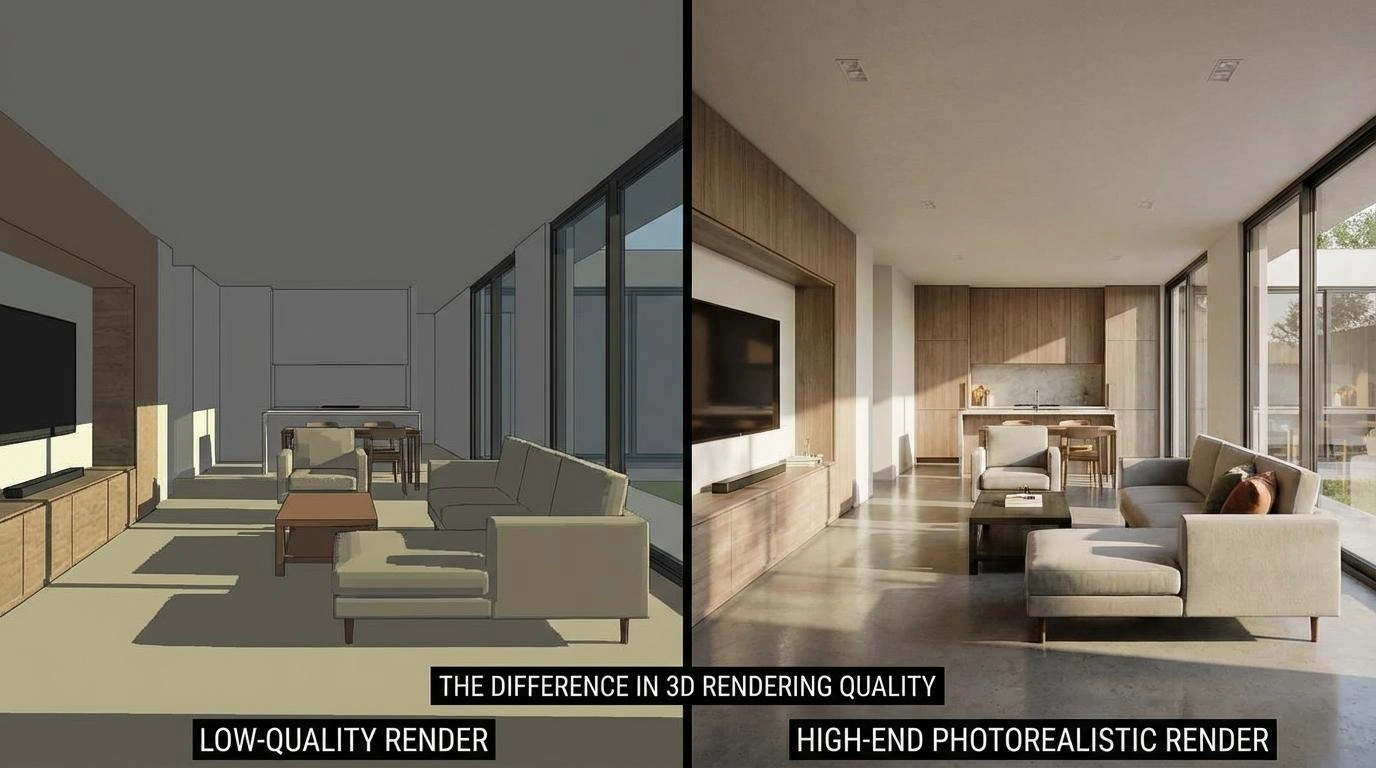 Side-by-side comparison of basic commercial render versus high-end photorealistic 3D render showing dramatic quality difference