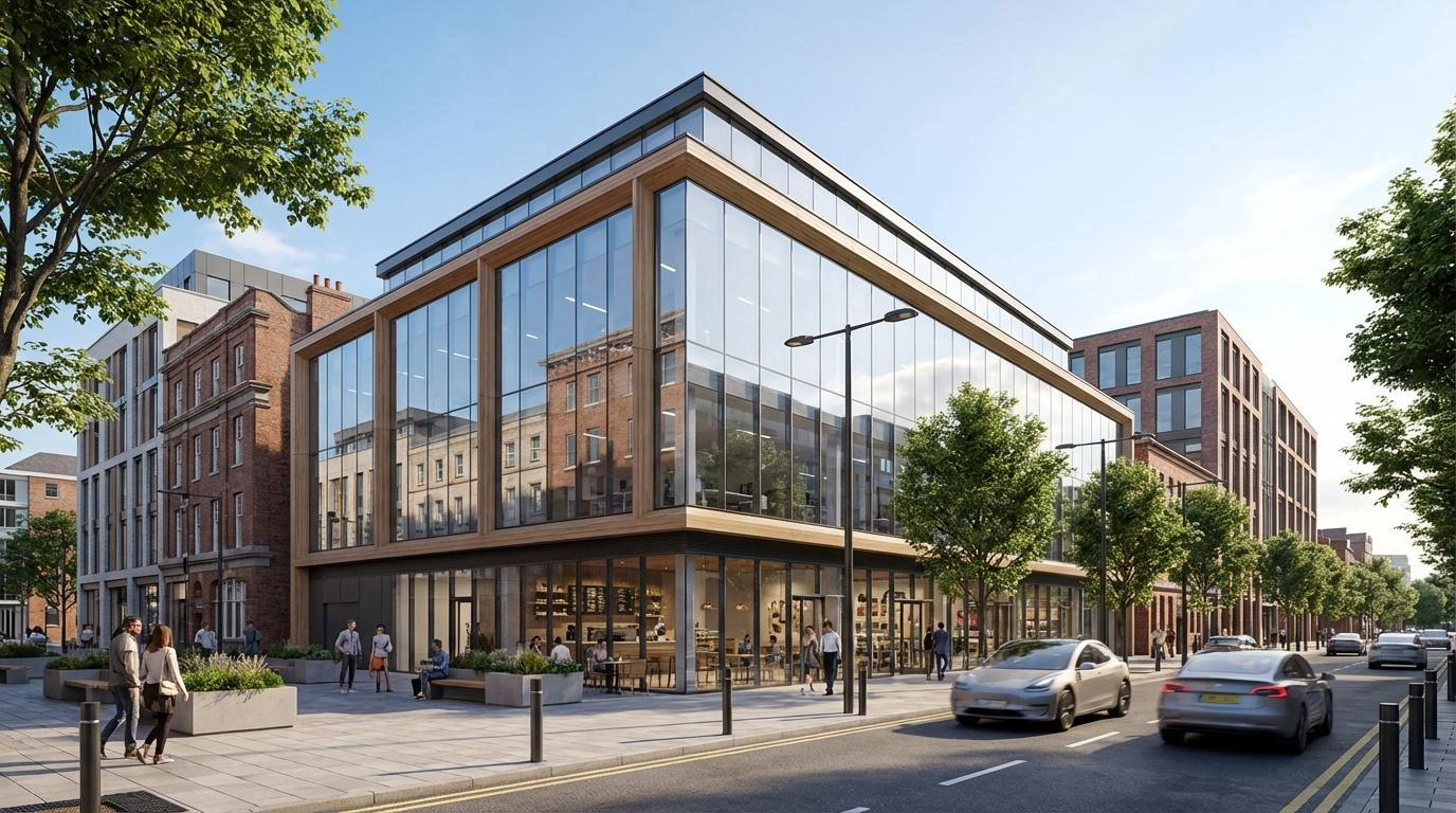 Street-level commercial render showing proposed building integrated with existing neighborhood architecture and streetscape