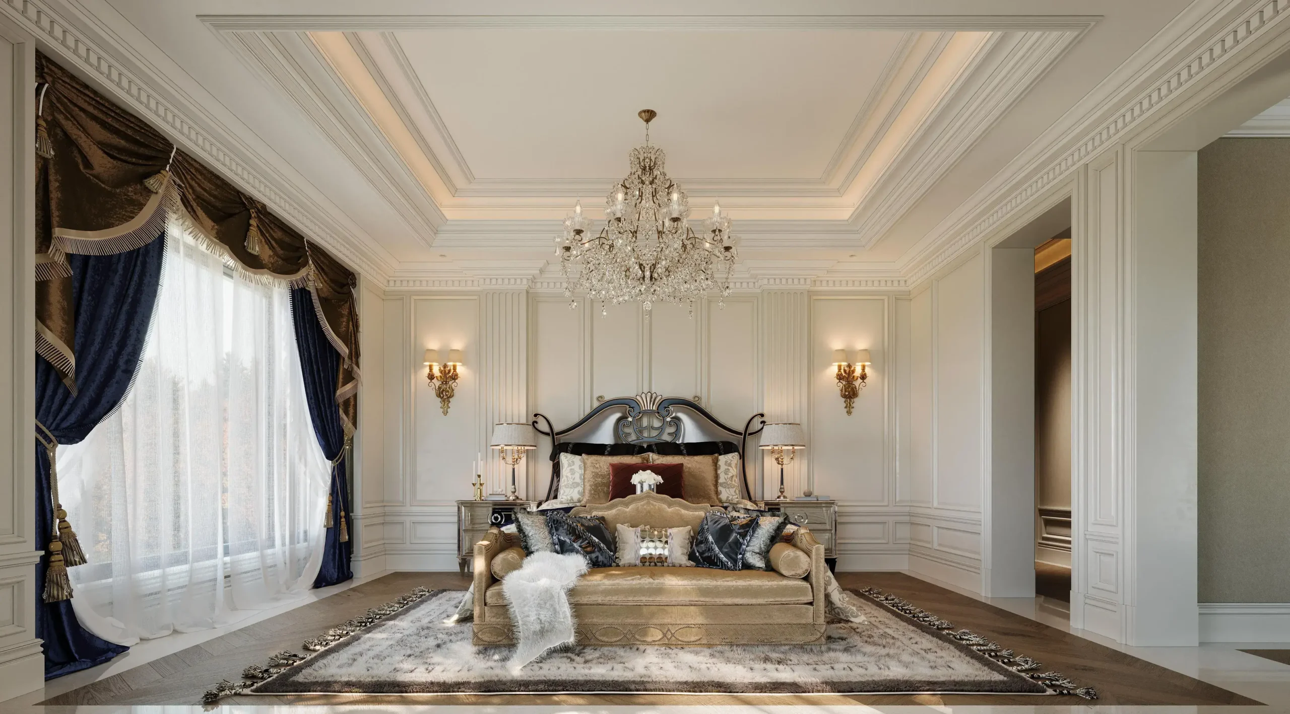 interior of a luxury bedroom with a bed and lamps