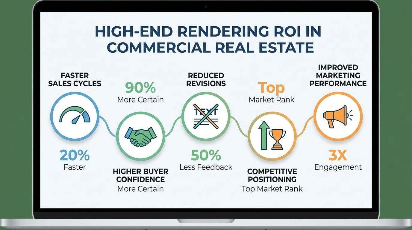 Infographic illustrating five key ROI benefits of investing in high-end commercial rendering for real estate pre-sales