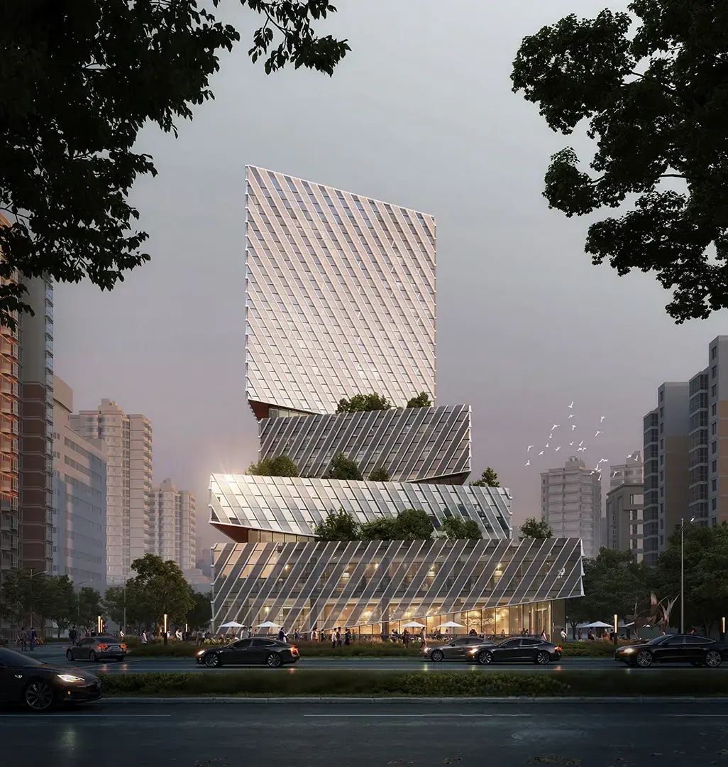 Photorealistic commercial building render showing modern architecture at sunset with detailed landscaping and street-level activity