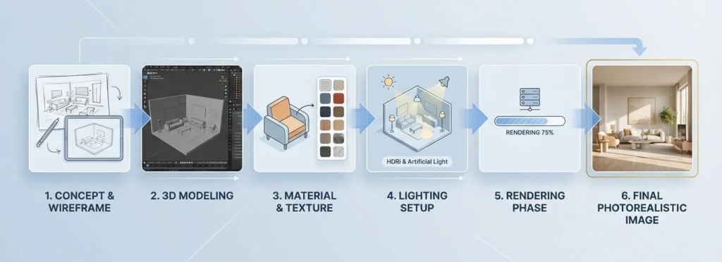 Step-by-step 3D interior rendering process from 3D modeling to final photorealistic image