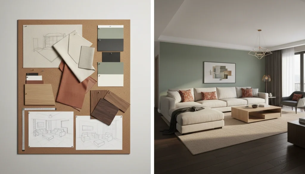 interior design mood board with sketches and material samples compared to 3D visualization
