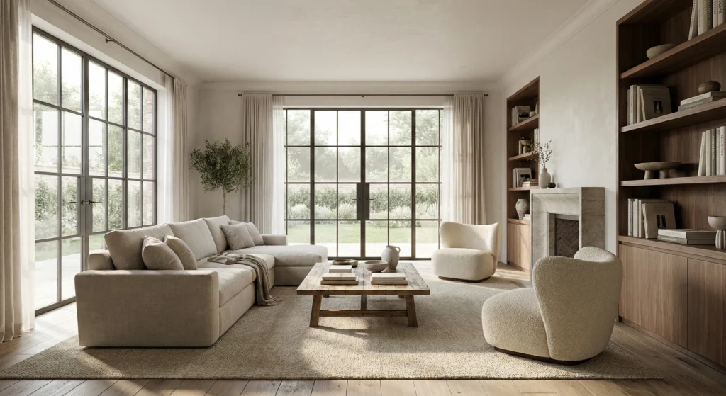 photorealistic 3D render of modern living room interior for interior design portfolio